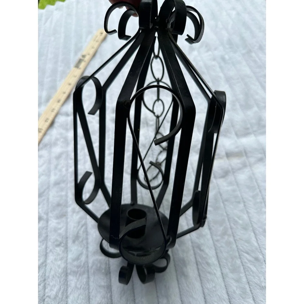 Vintage Black Wrought Iron Hanging Scroll Candle Lantern Gothic Decor 10 inch